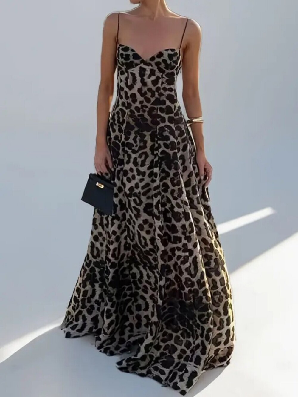 Women's Leopard Print Sleeveless Thin Strap Elegant Sexy Long Dress